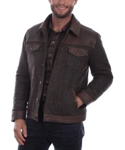 Scully Men's Vintage Brown Leather Tweed Jacket