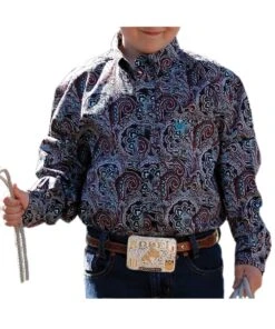 Cinch Boys' Navy Paisley Button Down Shirt