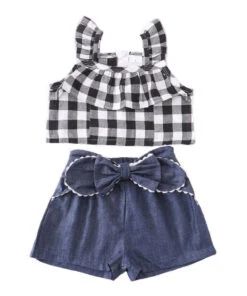 Honey Dew Girls' Plaid Denim Shorts Set