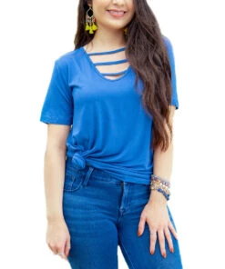 Southern Grace Women's Blue Out And About Caged Scoop Neck Tee