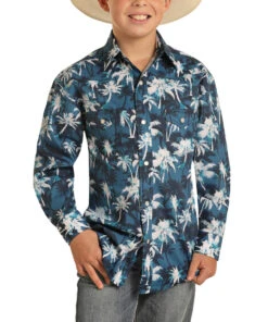 Rock & Roll Cowboy Boys' Blue Palm Print Snap Shirt