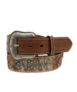 Nocona Men's Belt Brown Leather And Calf Hair With Blue Stones