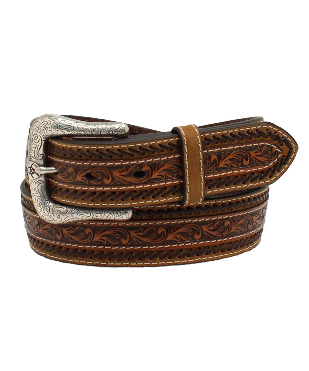 Ariat Men's Buck Stitching Floral Tooled Tan Belt 1 Ariat Men's Buck Stitching Floral Tooled Tan Belt