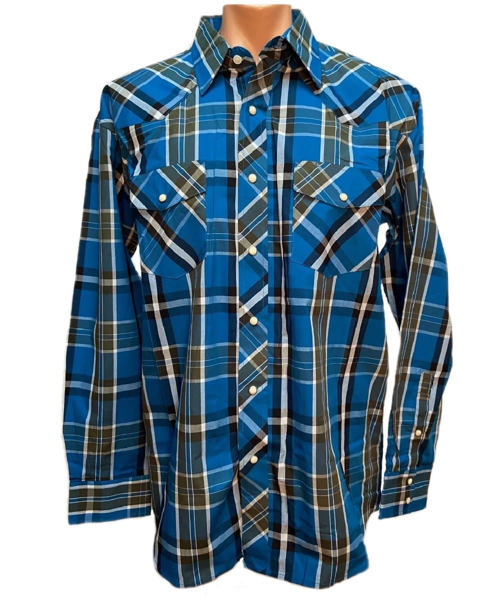 Crazy Cowboy Men's Blue Plaid Long Sleeve Snap Shirt 1 Crazy Cowboy Men's Blue Plaid Long Sleeve Snap Shirt