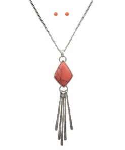 Silver Strike Women's Antique Silver And Coral Stone Necklace Set
